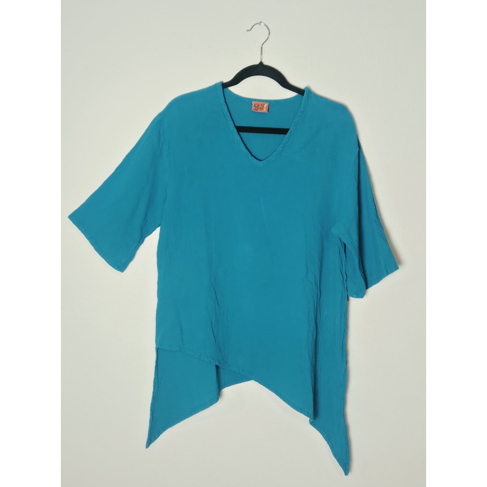 Oh My Gauze Asymmetrical Hem Blue Top Womens 1 (S/M) V-Neck 1/2 Sleeve Lagenlook